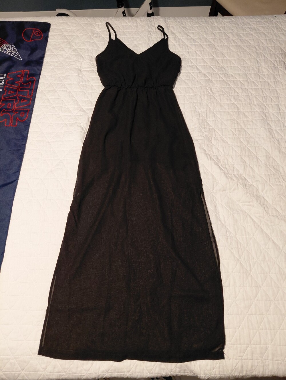 Divided Black Maxi Slip Dress with Adjustable Spaghetti Straps